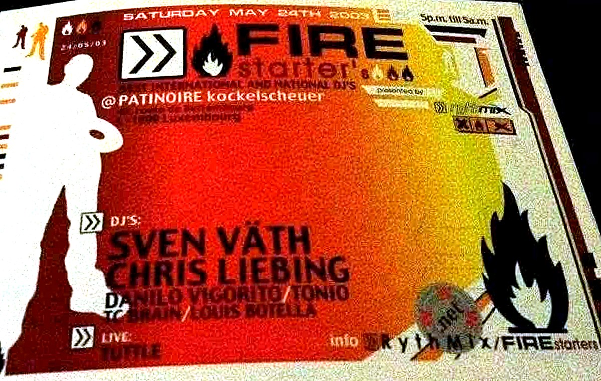 Original flyer of Firestarter at the Patinoire de Kockelscheuer, 24 May 2003, with Sven Väth and Chris Liebing